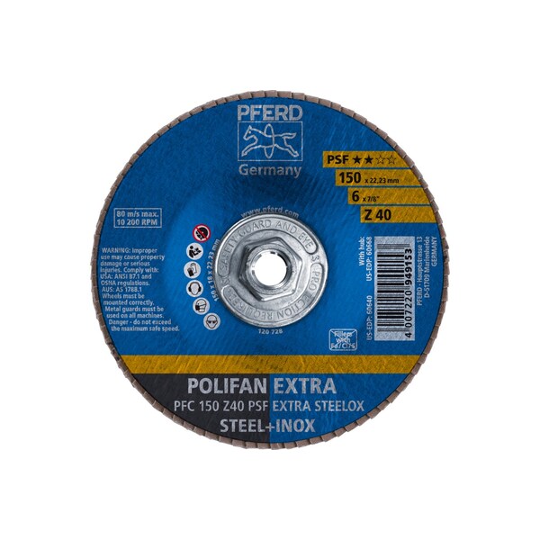 Pferd 6" x 5/8-11 Thd. POLIFAN Flap Disc - Z PSF EXTRA STEELOX, Zirconia, 40 Grit, Conical 60668 - main